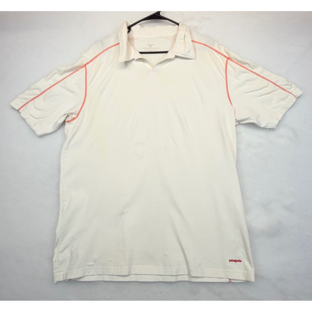 Patagonia Mens Stretch Polo Shirt XL White Red Stitching 53400 Spring 2011